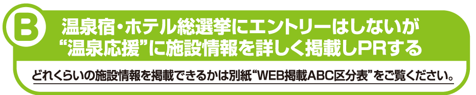 B 温泉宿・ホテル総選挙にエントリーはしないが“温泉応援”に施設情報を詳しく掲載しPRする